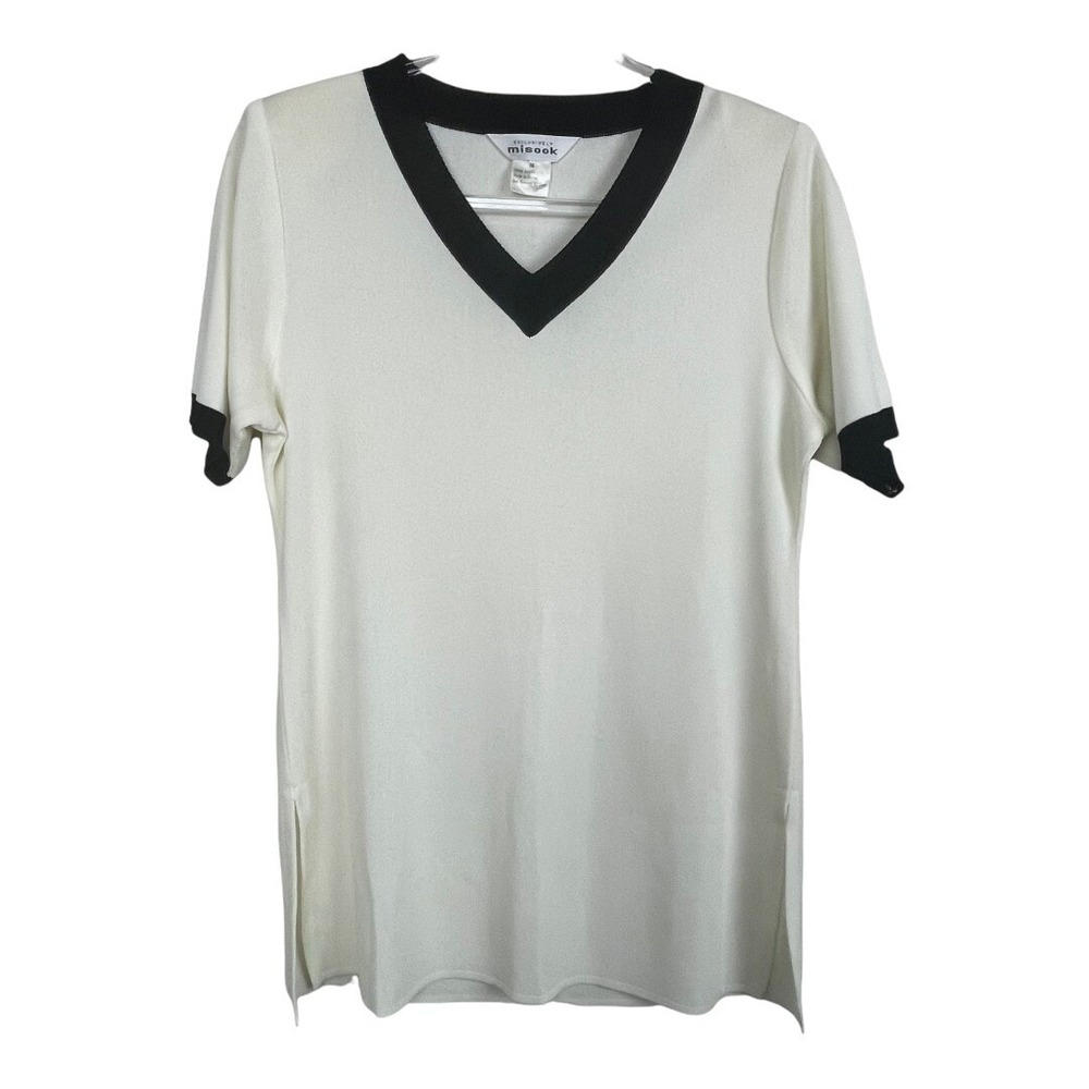 Misook Knit V Neck Top M Ivory Black Trim Polished Classic Quiet Luxury Office
